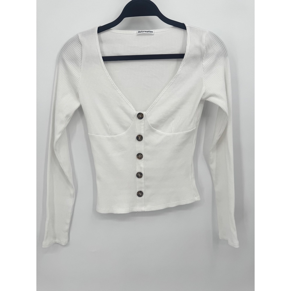 Reformation Ribbed Knit Top Womens Size M White Button Front Long Sleeve V-Neck